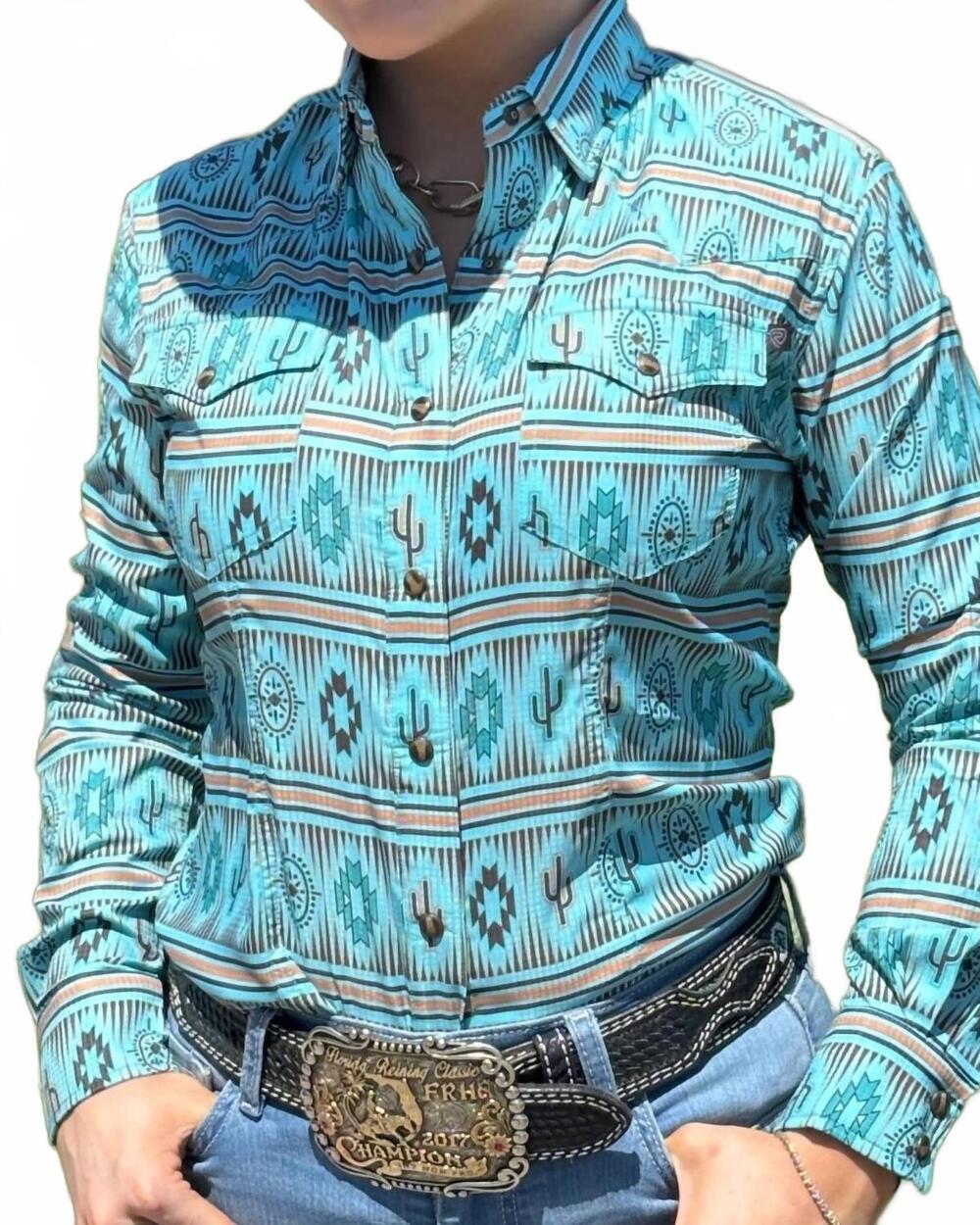 NEW ROCK & ROLL COWGIRL tek mesh western button shirt in cactus